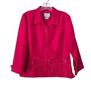 ICE Silk Embroidered‎ Sequin Blouse Red Button Down Shirt Large Vintage